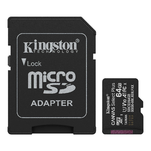 карта памяти Kingston MicroSD Canvas Select Plus A1 U1 V10 64Gb (class 10) + адаптер (SDCS3/64GB) фото 